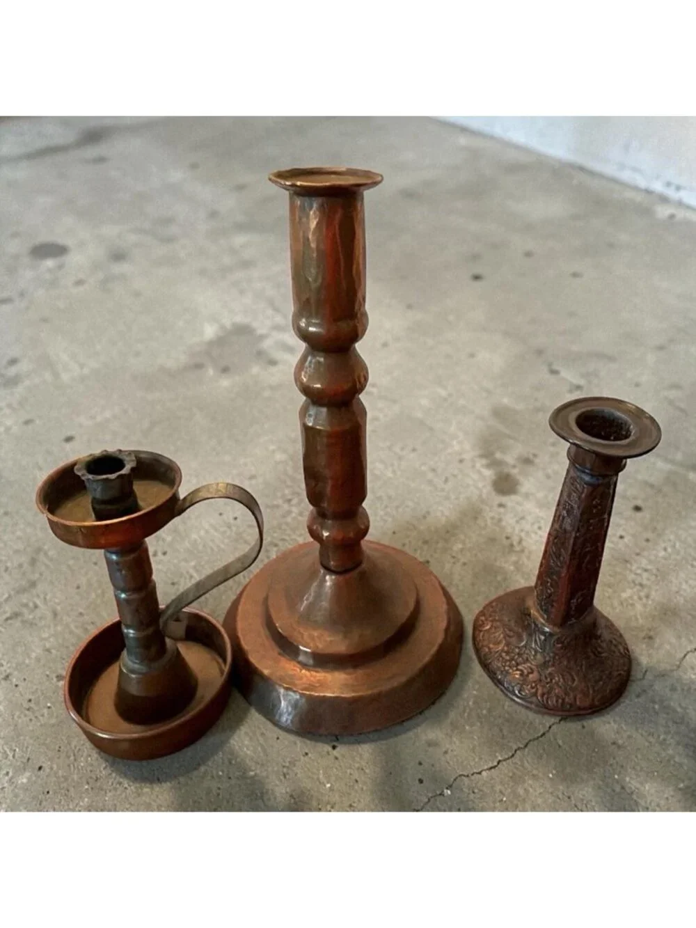 Lot 3 Copper Hammered Repousse Farmhouse Country Cottage Lodge Candlesticks